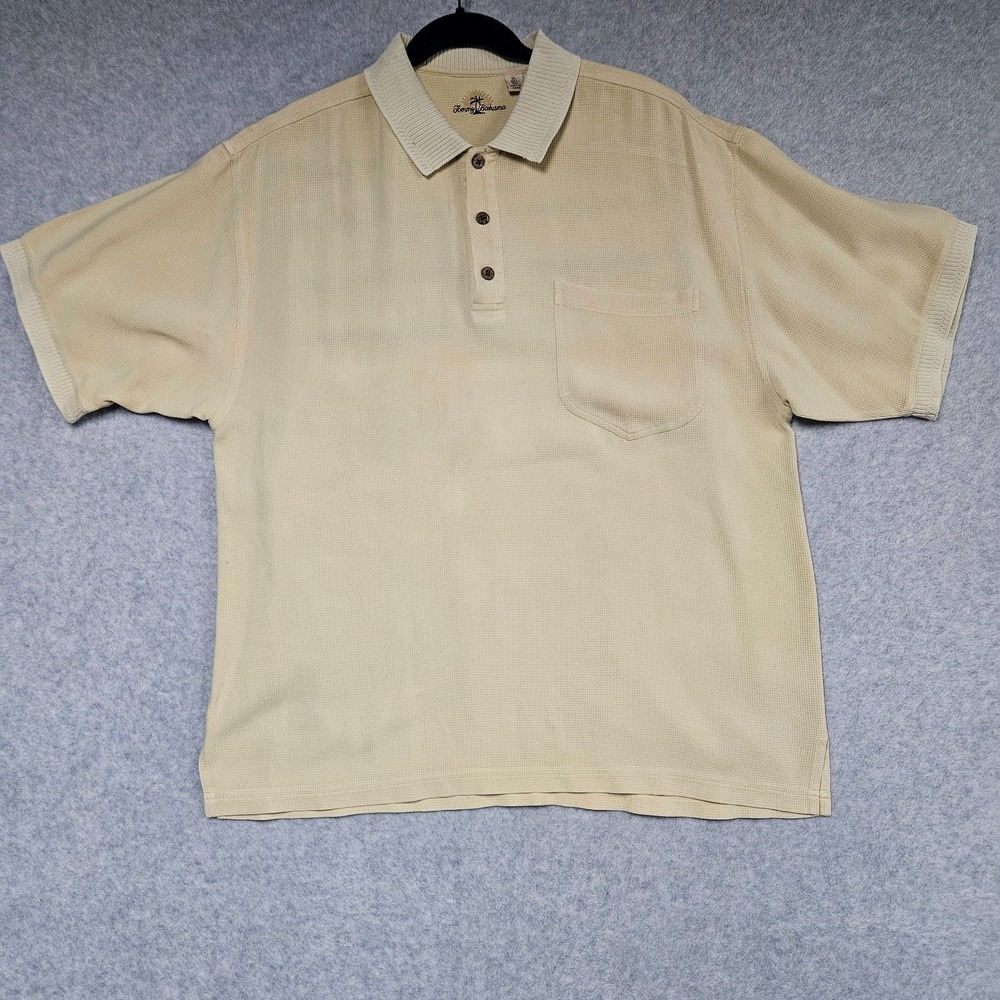 Tommy Bahama Shirt 100% Silk polo Men's XL Beige Textured Short Sleeve Ribbed
